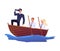 Businessman with team sailing on boat, looks ahead through binoculars, leadership in business crisis vector illustration