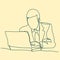 Businessman thinking linear design, continuous line, Thoughtful man with laptop outline.