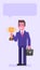 Businessman three quarters face holding golden cup and suitcase