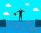 Businessman tightrope walker keeps balance on the tightrope. Sharks swim under it. Vector illustration.