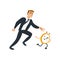 Businessman and time theme with late business worker trying to catch and stop wall clock.