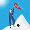 Businessman on top mountain peak with success flag. Business concept cartoon illustration