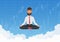 Businessman trader meditating in the sky. Meditative businessman relaxing over clouds with stock exchange graph charts