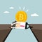 Businessman trapped in a cliff with a Bitcoin on his back. Bitcoin hold digital cryptocurrencies concept