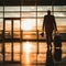 Businessman traveling by plane, silhouette behind, AI generated