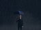 Businessman with umbrella standing under the rain. Dark, dramatic background. Business, failure, crisis, concept.