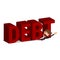Businessman under word Debt. Debt concept.