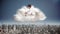 Businessman using tablet in cloud over city