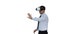 Businessman in virtual reality headset walking in virtual world on white background.