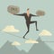 Businessman walking in balance on rope over blue sky.