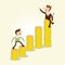 Businessman walking on rising gold coin graph stair with business devil on top