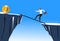 Businessman  walking on rope with suitcase to target bitcoin. Business man walking on tightrope gap. Bitcoin The Future of Sci-Fi