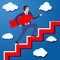 Businessman is walking up the stairs with an arrow pointing along his path under his arm. Concept of a charismatic man going to