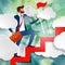 Businessman is walking up the stairs with red flag and briefcase among white paper clouds on beautiful spring green sunny rays