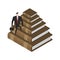 Businessman walks Stairs from books. Knowledge and training concept illustration. Pyramid of book