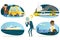 Businessman watchhead character choose faster way to travel, vector illustration. Business trip taxi with driver, high