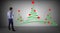 Businessman watching christmas trees sketch on a wall 3D rendering