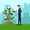 Businessman watering business tree. Planning and growing strategy business concept. Vector flat illustration.