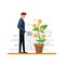 Businessman watering green money tree. Vector flat isolated illustration. Investment and finance growth business concept