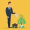 Businessman watering a money tree. Vector creative color