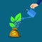 A businessman waters a tree formed by a money bag. financial growth ideas
