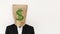 Businessman wearing crumpled brown paper bag, with green dollar sign, business bankruptcy concept, with copy space