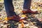 Businessman wearing shoes in autumn park. Brown leather classic footwear