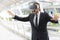 Businessman wearing virtual reality goggle glasses and enjoying in this activity, future technology concept, imagine concept