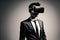 Businessman wearing VR headset exploring the metaverse, minimal and clean.
