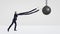 A businessman on white background trying to grab a wrecking ball with his extremely long arms.