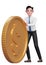 businessman in white shirt blue tie send big coins by pushing