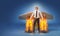 Businessman with wings and flares on his back with flames and smoke