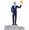 Businessman winning trophy. Businessman or manager standing on the winners podium with prize cup in his hand. Vector, illustration