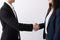 Businessman and woman shaking hands in the office for cooperation