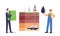 Businessman and Worker Characters Change Oil on Money at Cross Section Platform with Rig Extracting Oil or Gas Formation