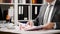 Businessman working and calculating, reads and writes reports. Office employee, table closeup. Business financial accounting