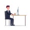 Businessman working with computer on desk vector illustration.Cartoon young business manager work chill
