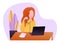 Businessman works on a computer. Flat illustration. The girl sits thoughtfully at a table and typing something on a laptop