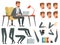 Businessman workspace. Vector mascot creation kit. Various key frames for business character animation