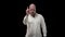 Businessman young bald bearded guy looks at the camera and threatens with his finger. Do not do that. A very angry man
