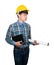 Businessman young hold Laptop computer and rolled blueprints wear yellow safety helmet plastic on white background construction