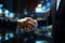 Businessmans handshake creates a network link, connecting global stock market