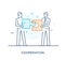 Businessmen connect puzzle. Joint efforts, success, union. Success Cooperation. line icon illustration