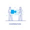 Businessmen connect puzzle. Joint efforts, success, union. Success Cooperation. line icon illustration