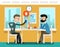 Businessmen discussing strategy sitting at office desk. Vector illustration in flat style