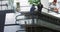 Businessmen on an escalator in a modern building