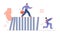 Businessmen flee from falling dominoes flat vector illustration isolated.