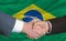 Businessmen handshake in front of brazil flag