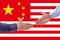 Businessmen handshaking on Usa or American and China flags merged relationship concept