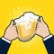 Businessmen holding beer mugs. Beer glasses foam clinking, meeting friends.